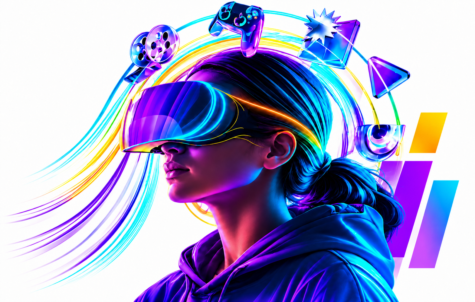 IndiaJoy mascot wearing a glowing VR visor, surrounded by film, gaming and creative-tech icons