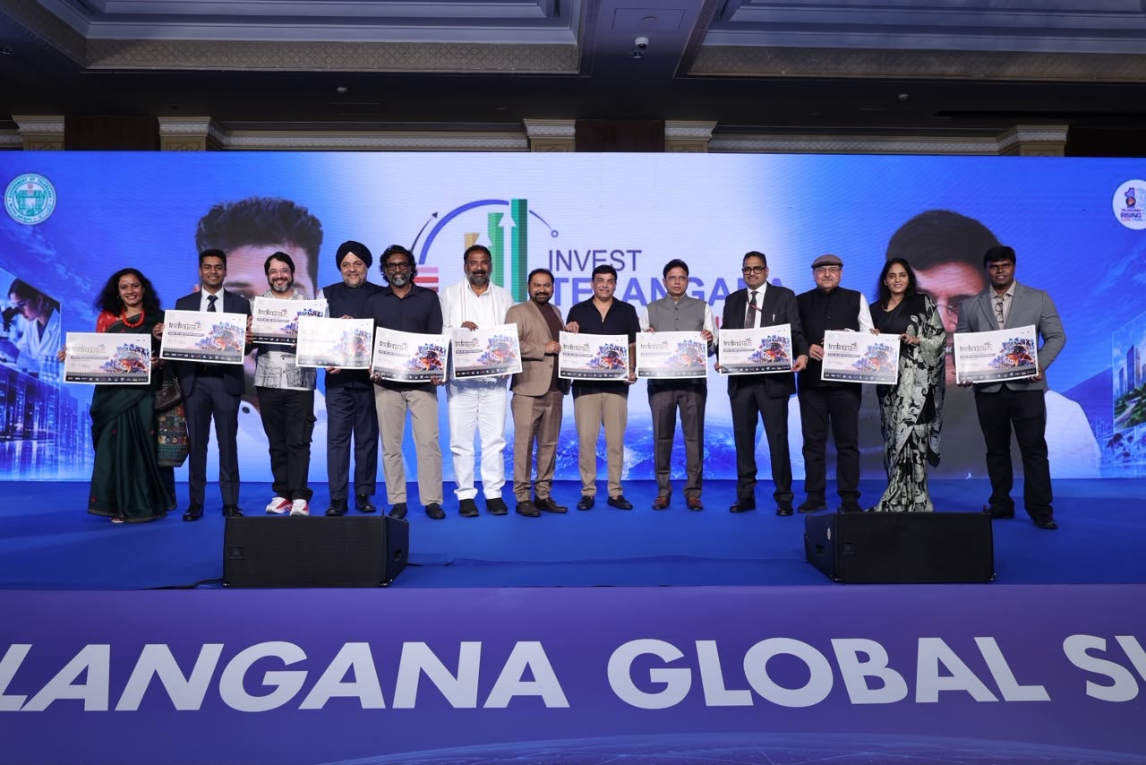 Dignitaries and industry leaders unveil IndiaJoy 2026 on stage at the Invest Telangana Global Summit curtainraiser